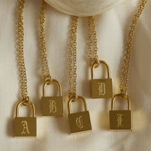 Load image into Gallery viewer, Old English Letters Lock Necklace Gold