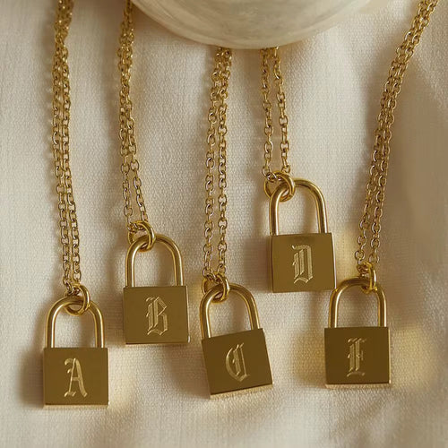 Old English Letters Lock Necklace Gold